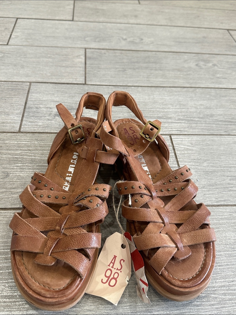 A.S.98 Satchel Brown Leather Studded Ankle Strap Sandals EU 41/US 9.5-10 New! - Picture 8 of 10